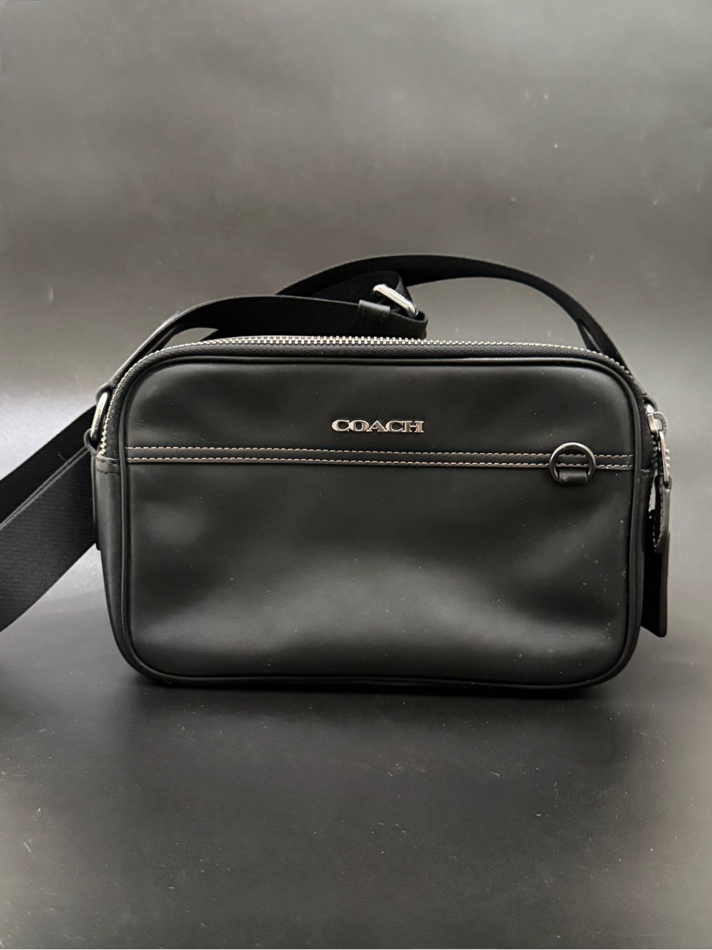 COACH C4148 Black Smooth Calf Leather Double Zip Graham Crossbody Camera Bag